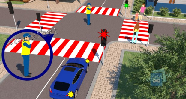 Чи повинен водій синього автомобіля, повертаючи праворуч, дати дорогу пішоходам?