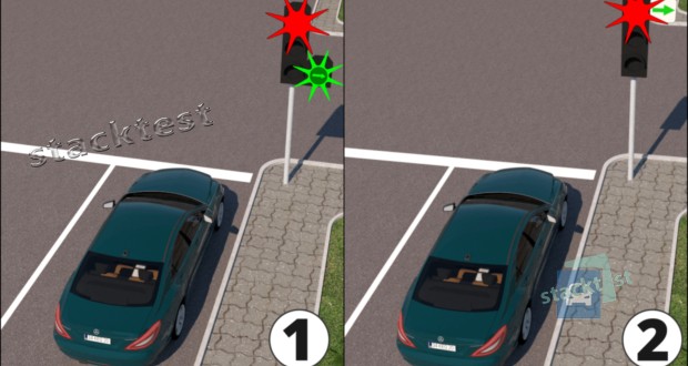 На каком рисунке водитель черного автомобиля, остановившийся на запрещающий сигнал светофора, чтобы потом ехать в прямом направлении, обязательно должен продолжить движение направо (в направлении стрелки), когда приближающееся сзади транспортное средство подало сигнал поворота направо?
