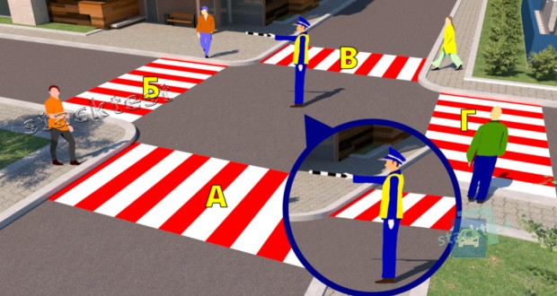 В каком из мест пешеходам разрешен переход проезжей части в данной ситуации?