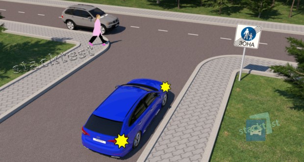 Виїжджаючи з пішохідної зони, водій синього автомобіля повинен дати дорогу: