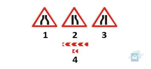 Milline järgmistest liiklusmärkidest hoiatab tee kitsenemise eest paremal pool?