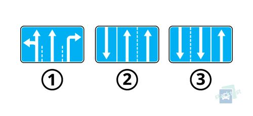 Какой из представленных дорожных знаков показывает количество полос на перекрестке и разрешенные направления движения по каждой из них?